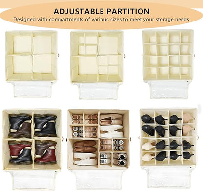 SEIUGDEF Shoe Organizer for Closet with Adjustable Dividers & Clear Cover - Fits up to 16 Pairs, Foldable Storage Box (Beige)