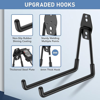 42 Pack Garage Hooks Heavy Duty, Rust-Resistant Solid Steel Wall Mount Hangers for Hanging Ladders & Bikes, Non-Slip PVC Coating Tool Organizer, 5 Sizes U & J Shapes + 6 Straps