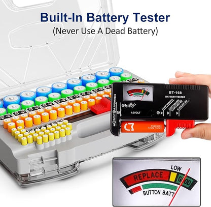 Battery Organizer Storage Holder Box Case with Tester, Stores & Protects Up to 285+ Batteries, Double-Sided and Durable Design,Holds AA AAA 4A C D Cell 9V 3V Lithium LR44 CR2 CR123 (Grey)