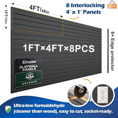 Slat Wall Paneling 4'x8' Black Slatwall Panels - Heavy Duty PVC Garage Organizer, Industrial-Grade Moisture-Resistant Easy DIY Install for Garage, Tool, Retail, Bike Storage & Organization by Eiruaw