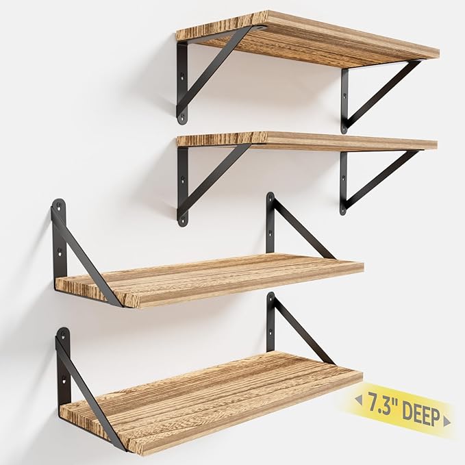 Wall Shelves 7.3" Deep Set of 4, Solid Paulownia Wood Wider Longer Sturdy Easy to Install Wall Mounted Bookshelves Storage Shelves Bathroom Home Office Laundry Room Bedroom Organizer