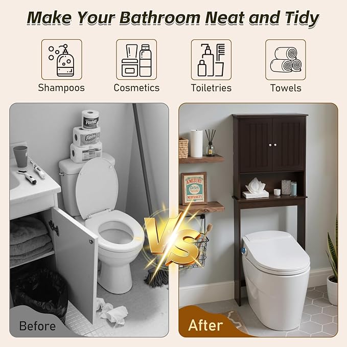 GORZING Over The Toilet Storage Cabinet, Behind Toilet Bathroom Organizer with Adjustable Shelves, Above Toilet Organizers with Barn Door, Space Saver for Restroom, Bathroom, Laundry