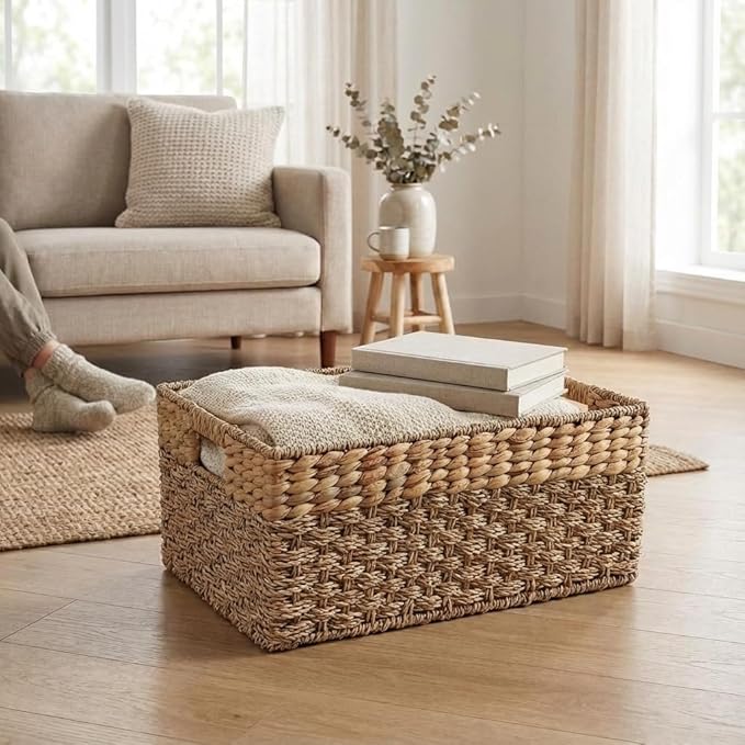 Large Wicker Storage Basket with handles, Natural, Woven, Seagrass and Hyacinth Organizing Baskets for Shelves, Pantry, Living Room - Large Size - 17x11x7.5 in