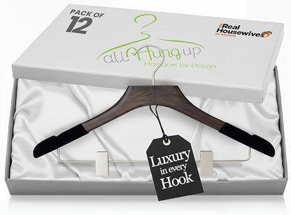 All Hung Up Hangers - Wooden Hangers with Clips for Women, Solid Wood Skirt & Suit Hangers, Heavy-Duty Adjustable Non-Slip Design with Velvet Grip, Mahogany with Black Velvet, 12 pcs