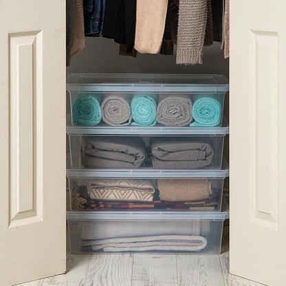 4-Pack Clear 28 Qt. Underbed Plastic Storage Bins with Snap-On Lids & Built-in Side Handles - Stackable, Lightweight, Easy to Carry for Underbed, Closets, Shelves, Pantries
