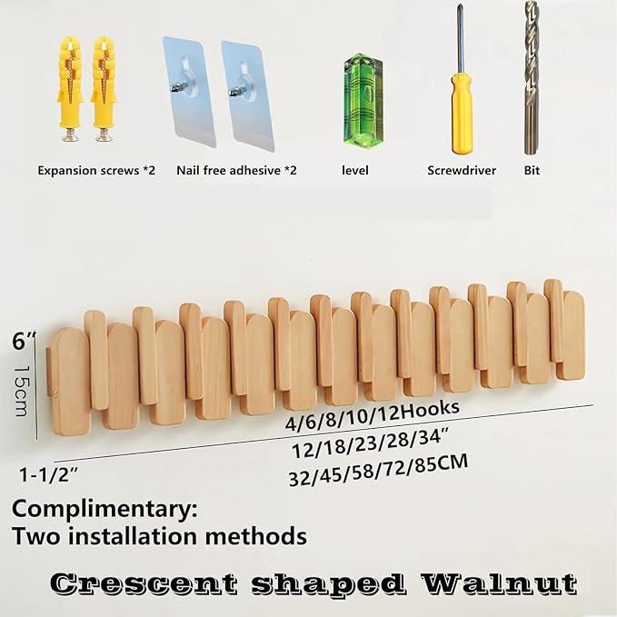 Wall Mounted Coat RackHooks Piano Key Hangers Natural Solid Wood Hanger Non-Woven Fabric Clothes Hangers for Closet, Kitchen, Bedroom, Bathroom, Entryway (Moon-Beech, 12 Hooks)