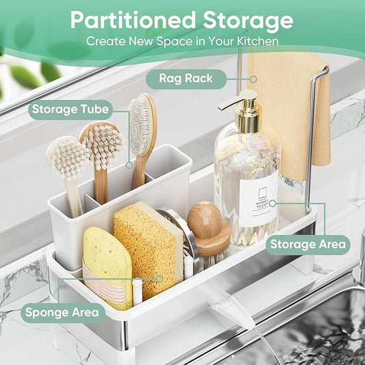 VUSIGN Sponge Holder for Kitchen Sink, Sink Caddy Organizer with Brush Holder, Rustproof Stainless, Self-Draining Sink Organizer for Countertop, Sponges, Brushes, Kitchen Decor and Accessories, White