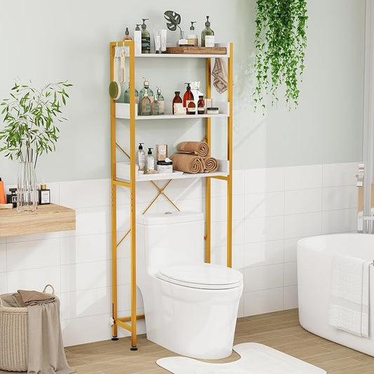 LOKO 3-Tier Over The Toilet Storage Rack, Bathroom Space Saver Shelf, Freestanding Above Toilet Organizer with 4 Hooks, Anti-Tipping Device, Metal Frame Toilet Rack for Balcony Laundry (White+Gold)