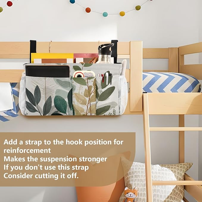 CuwrYet Bedside Caddy Hanging Bunk Bed Caddy Bed Organizer Hanging Pocket with 2 Hooks Bedside Storage Organizer Pocket Bag Holder Beige Boho Style Leaves