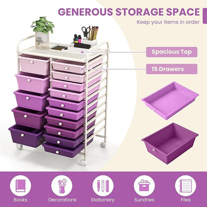 DORTALA 15-Drawer Rolling Storage Cart with Drawers, Rolling Utility Cart w/Removable Drawers & Universal Wheels, Tools Scrapbook Paper Organizer for School, Office, Home, Classroom (Gradient Purple)