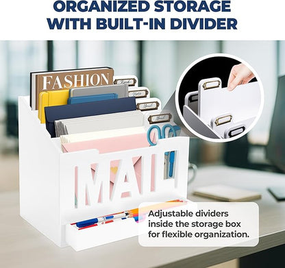Mail Organizer Countertop – White Holder for Desk with 4 Slots, Drawer & Label Tags, Decorative Desktop Sorter, Envelope Tray for Home Office Organization (11x7x9.5 in)