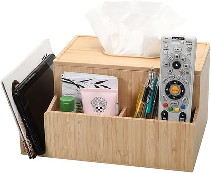 MobileVision Bamboo Tissue Box Holder & Tablet Stand Organizer for Bedroom & Desktop; compartments hold iPad Phones Remote Controls Reading Glasses Notepads & Pens
