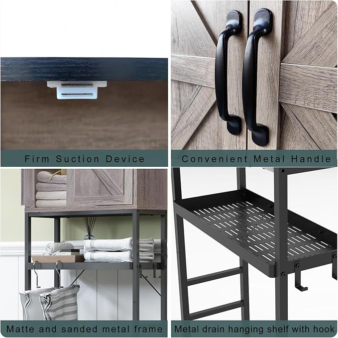 Timboniture Over The Toilet Storage Cabinet, Bathroom Above Toilet Cabinet Organizer with Doors and Adjustable Shelves, Bathroom Shelf Organizer with Anti-Tip Device & Drain Rack, Grey