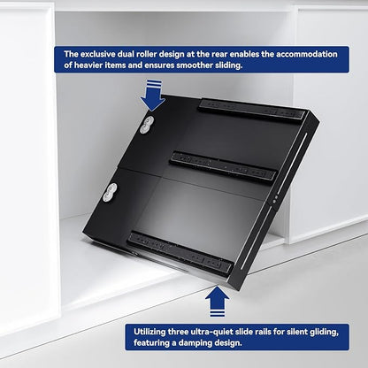Pull-out Cabinet Organizer,Adjustable Depth(15.7"-24.4") And Width(12.8"-20.5"),3 Silent slides and 2 Support Pulleys,Easy to Assemble and Heavy-Duty Storing slide-out drawer,Black