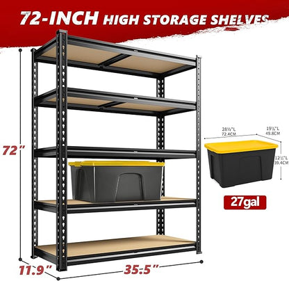REIBII 2400LBS Storage Shelves 5 Tier Garage Shelving Heavy Duty Adjustable Garage Shelves, Utility Rack Shelf, Shelving Units for Storage Warehouse Pantry Closet, 35.5" W x 11.9" D x 72" H, Black