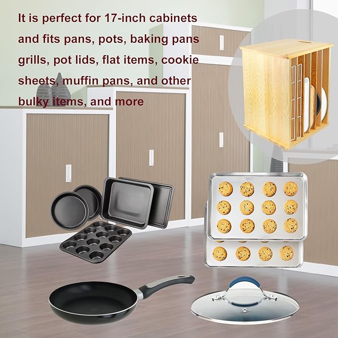 Wooden Tray Dividers for Kitchen Cabinet, 7 Tier Large Size Tray Dividers, 19.69" W x15.74" H x15.19" D, for Cookie Sheets, Baking trays, Cutting Board, Pans, for Organizing Cabinets, 5 Years Warranty