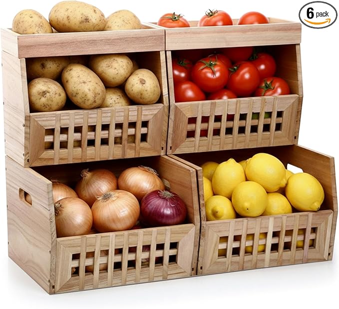 6 Pack Wood Pantry Storage Bins 4 Wooden Storage Bins with 2 Wooden Tray Lids Multipurpose Open Front Stackable Organization Set for Kitchen or Pantry and Fruits Vegetables, Potato & Onion
