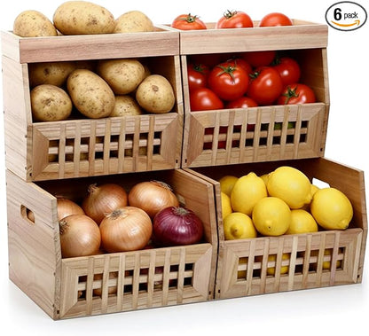 6 Pack Wood Pantry Storage Bins 4 Wooden Storage Bins with 2 Wooden Tray Lids Multipurpose Open Front Stackable Organization Set for Kitchen or Pantry and Fruits Vegetables, Potato & Onion