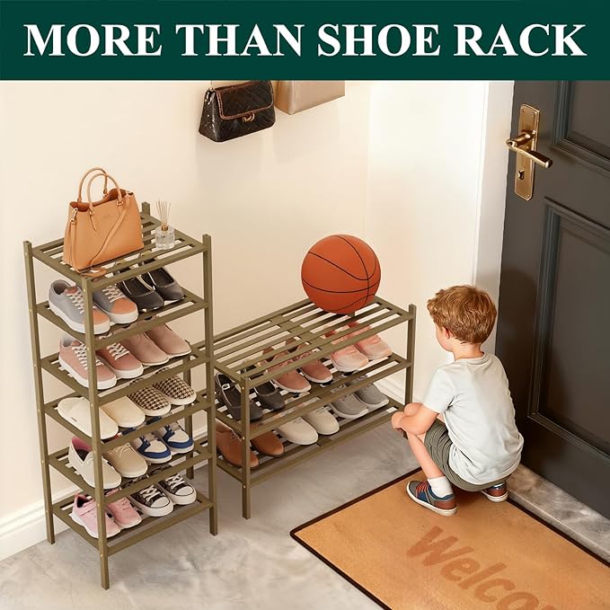Smiry Bamboo Shoe Rack 2-Tier, Stackable Wooden Shoe Organizer for Entryway & Closet, Free Standing Wood Shoe Storage Shelf for Front Door & Small Spaces, Walnut