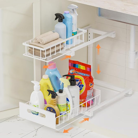 Toyear Under Sink Organizer, Heavy Duty Metal Pull Out Cabinet Organizer Slide Out Sink Shelf Organizer Height Adjustable, Multi-Purpose Storage Shelf for Kitchen Bathroom(White,1Pack)