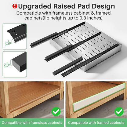 Pull out Cabinet Organizer, Stainless Steel Expandable(12"-20") Heavy Duty Slide out Drawers Fixed with Adhesive Nano Film for Pots, Roll out Shelf Storage for Kitchen Base(Silver-2pcs)(3 Rails)