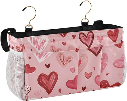CuwrYet Bedside Caddy Hanging Bunk Bed Caddy Bed Organizer Hanging Pocket with 2 Hooks Bedside Storage Organizer Pocket Bag Holder Pink Cute Hearts