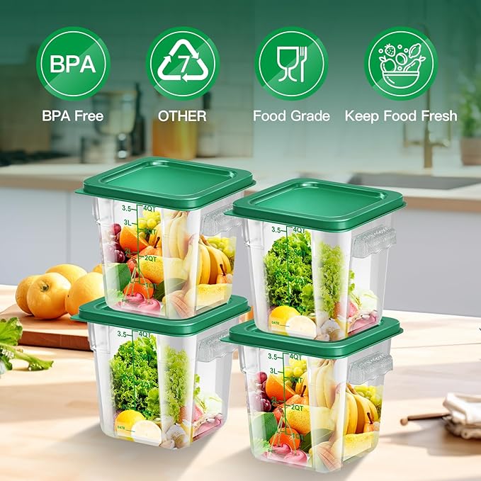 FeyBuosk 4 pcs 4qt Food Storage Containers with Lid, Square Clear Commercial Food Storage Containers with Handle and Scale for Food Storage in Home Kitchen & Dining (Green)