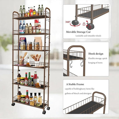 6in 6-Tier Slim Storage Cart with Wheels, Narrow Rolling Shelf,Sturdy Slim Storage Ideal for Kitchen, Bathroom, and Laundry Room (Champagne Gold)