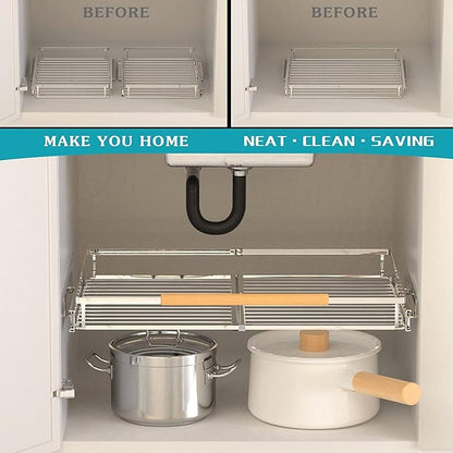 Expandable Sliding Basket, Pull-Out Cabinet Organizer, Heavy Duty Slide Out Pantry Shelves Sliding Drawer Storage for Kitchen, Under Sink, Wardrobe, 2 Pack Chrome 16.6''-27.8''W x 22''D