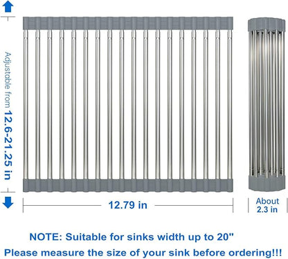 AXIMIXAME Expandable Large Draining Rack, Roll Up Heat-Resistant Dish Drainer for Stainless Steel Sinks, Collapsible Over The Sink Rack Non-Slip Silicone Rolling Up Rack 18 Tube