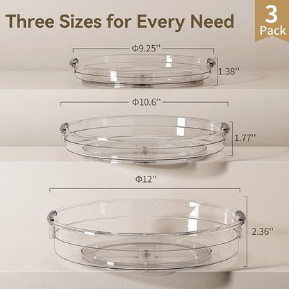 LAMU 3 Pack Lazy Susan Organizer Turntable for Cabinet, Pantry Organizers and Storage, Rotating Condiment Organizer for Kitchen, Table Top, Fridge, Countertop, Spice Organization, 9.25'' 10.6'' 12''