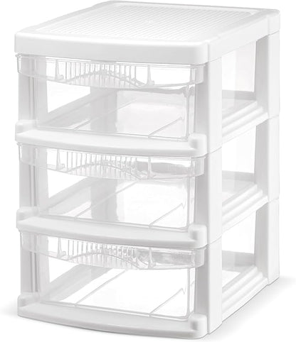 Tribello 3 Drawer Plastic Storage, Mini Drawer Unit, White Frame With Clear Drawers for Craft Storage - 8.5"L X 7"W X10"H Inches - (1 Pack)