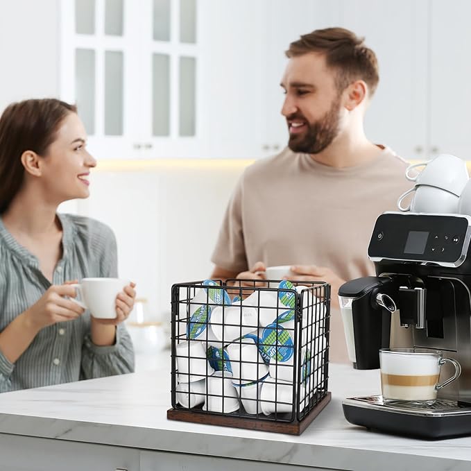 Coffee Pod Holder Basket, Coffee Holder Organizer with Wooden Base Sturdy Coffees Pod Holder Organizer for Kitchen Counter and Office Desktop (Square Grid)