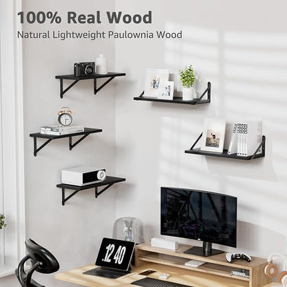 Wall Shelves 7.3" Deep Set of 5, Solid Paulownia Wood Wider Longer Sturdy Easy to Install Wall Mounted Bookshelves Storage Shelves Bathroom Home Office Laundry Room Bedroom Organizer Black