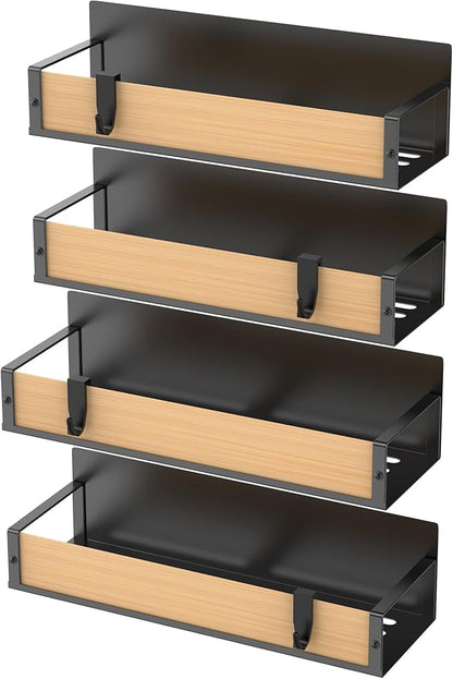 4 Pack Magnetic Spice Storage Rack Organizer for Refrigerator and Oven, Wood Fridge Organizers and Storage