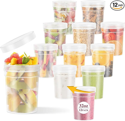 LEAWALK 32 oz -12 Pack Reusable Food Freezer Storage Containers with Lids, BPA Free Twist Top Deli Container, Leak Proof, Stackable, Microwave and Dishwasher Safe