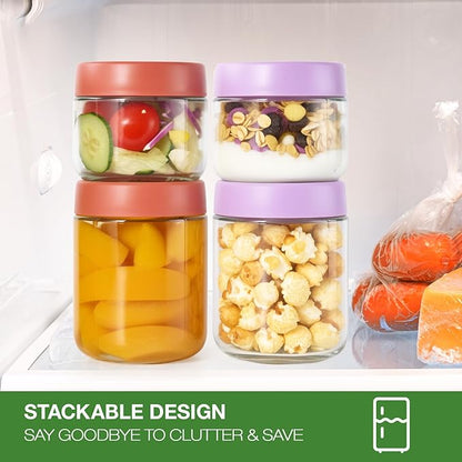 Hoa Kinh Overnight Oats Jars with Lids, 9oz & 16oz Leak Proof Small Jars for Overnight Oats, Cereal, Clear Empty Glass Jar with Lids for Kitchen 6Pack(Red, Green and Purple)