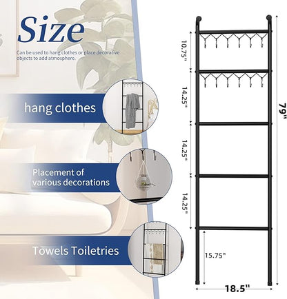 Simple Trending Blanket Ladder，5 Tier Metal Towel Rack with 12 Hooks, 79'' Metal Style Decorative Ladder for The Living Room Bedroom Bathroom Home Decor, Black