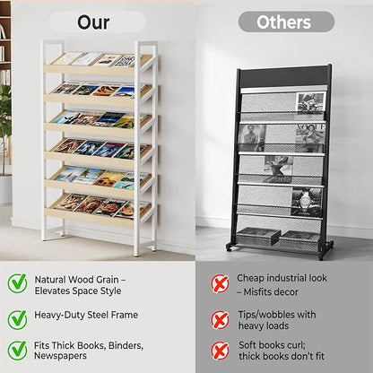 Floor-Standing Magazine Rack 6 tier, Newspaper Holder 38° Slant, Book Display Shelf, Brochure Display Stand for Exhibitions Shopping Malls Hospitals Offices School (White)