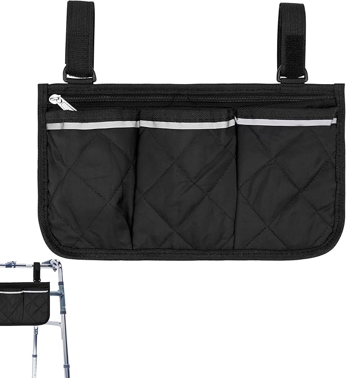 SHIDOW Wheelchair Side Bag, Bedside Caddy Hanging Bed Organizer Storage Bag, 4 Pockets, for College Dorm Rooms Hospital Rails Bed (Black)