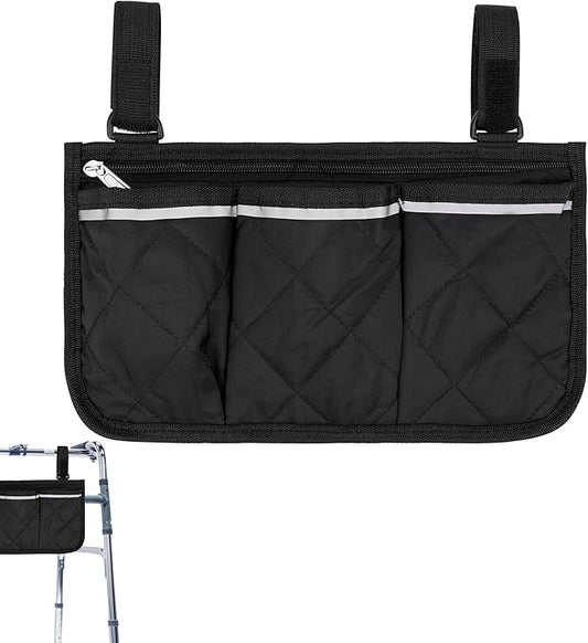 SHIDOW Wheelchair Side Bag, Bedside Caddy Hanging Bed Organizer Storage Bag, 4 Pockets, for College Dorm Rooms Hospital Rails Bed (Black)