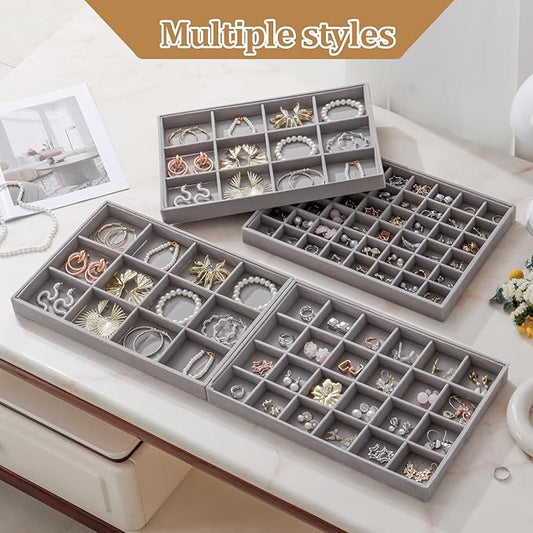 KATISYIO Large Jewelry Drawer Organizer Trays Set of 4, Stackable Velvet Jewelry Trays Organizer Holder Display Storage Showcase for Earring Necklace Bracelet Ring Accessary (Gray, 12+12+24+48 Grids)