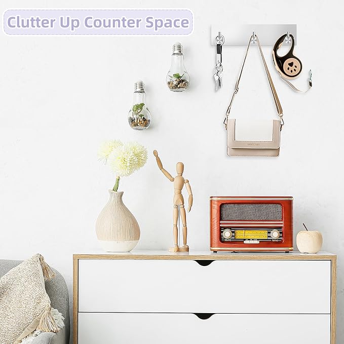 VIS'V Key Holder Wall Mount, Small Metal Self Adhesive Key Hanger with 3 Hooks, No Drilling, Extra Adhesive Strip, Silver