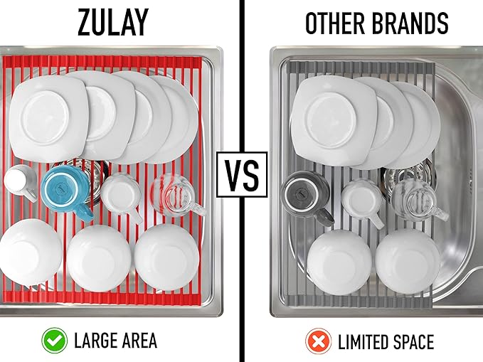 Zulay Kitchen Large Roll Up Dish Drying Rack - Heavy Duty Silicone Wrapped Steel Rods Over Sink Dish Drying Rack - Versatile Roll Up Sink Drying Rack & Trivet - Red,20.5 inches x 13 inches