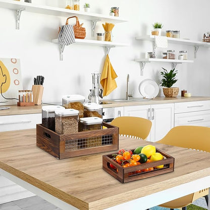 4 Pcs Wooden Nesting Countertop Baskets 4 Size Wooden Storage Box with Handle and Metal Wire Multipurpose Wood Organizer Crate for Fruit Vegetable Kitchen Cabinet Bathroom(Walnut,Small)