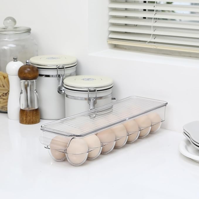 Sea Team Clear Plastic Egg Holder for Fridge, Refrigerator Egg Tray, Stackable Egg Container with Lid, Dispenser for Kitchen Storage and Organizer, Set of 2