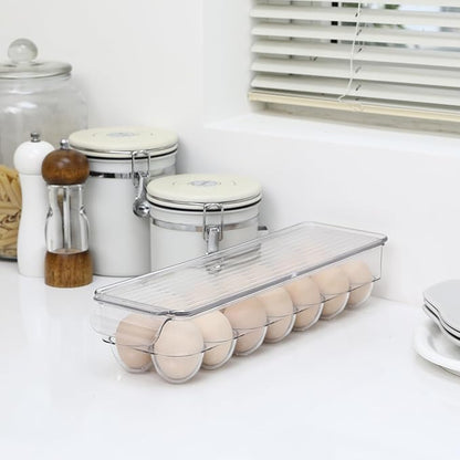 Sea Team Clear Plastic Egg Holder for Fridge, Refrigerator Egg Tray, Stackable Egg Container with Lid, Dispenser for Kitchen Storage and Organizer, Set of 2