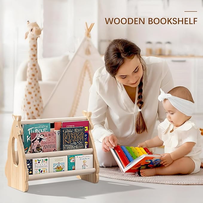 Double Sided Kids Bookshelf –2 Tier Portable Toddler Bookshelf,Book Shelf for Kids Rooms & Playroom,Wooden Montessori Baby Bookshelf,Toddler Book Display Shelves (Nature, Kangaroo)