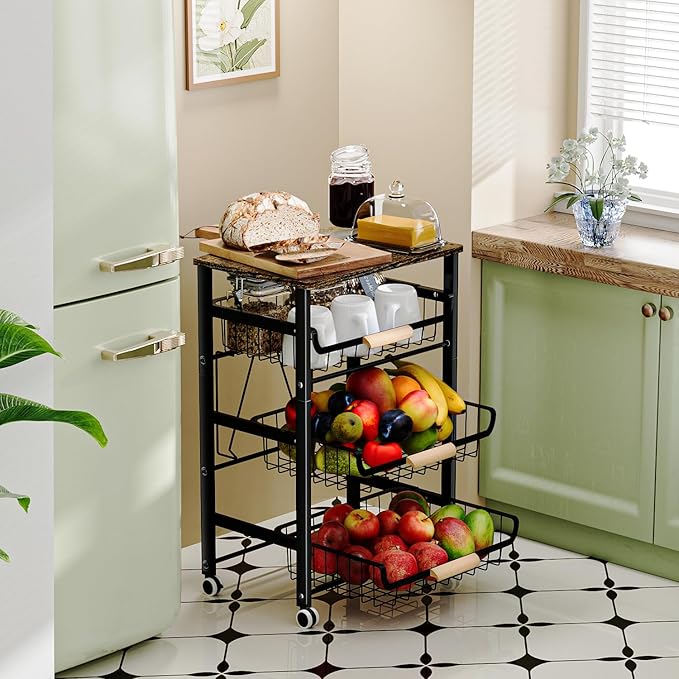 JAQ Fruit Vegetables Carts, 4-tier Slide out Metal Storage Baskets Stand Organizers with Wood Top and Handle on Rolling Wheels for Onions in Kitchen Pantry Fruteros Para Cocina -(Black, 4 Layer)