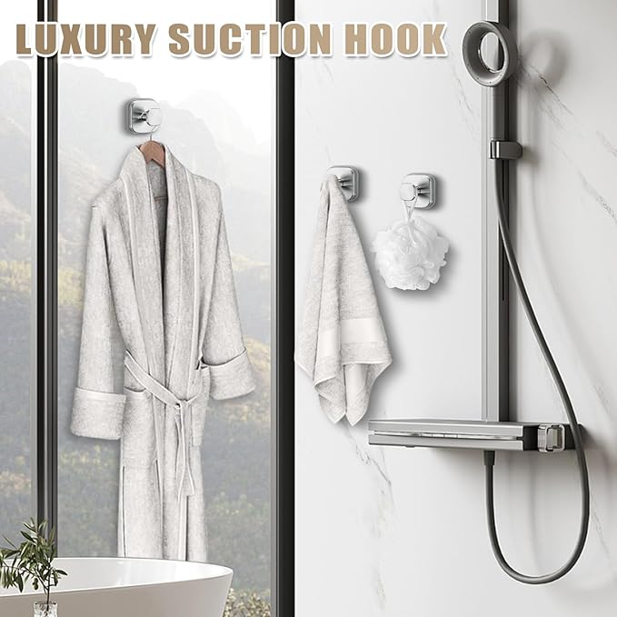Fenas No-Drill Reusable Suction Cup Hooks, 2-Pack Brushed Nickel – Towel, Robe, Loofah, Coat Hook for Glass, Mirror, Tile, Shower, Bathroom, Kitchen & Metal (Smooth, Non-Porous Surfaces)
